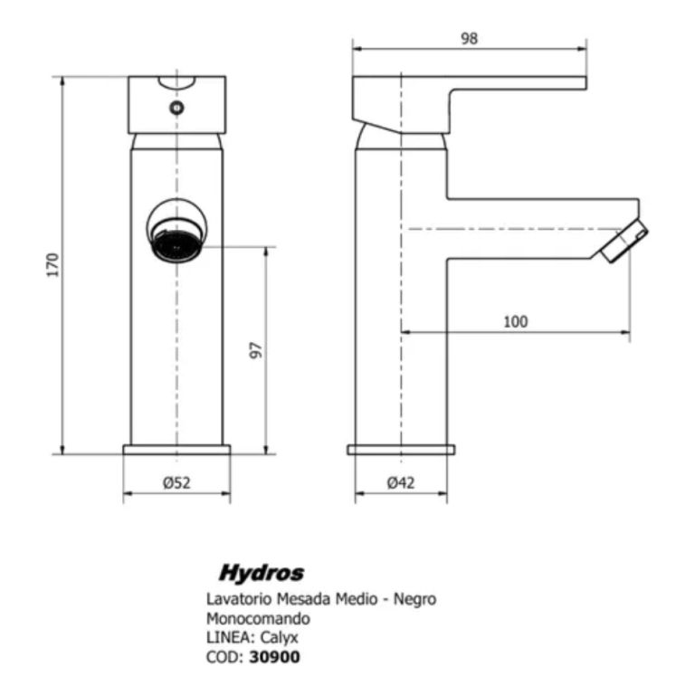Grifería Hydros Calyx Lavatorio Medio Negro Mate 30900 - Imagen 2