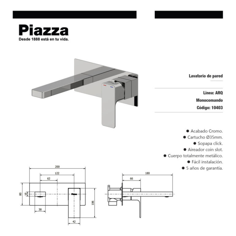 Griferia Piazza Arq Lavatorio Pared Cromo 10403 - Imagen 2