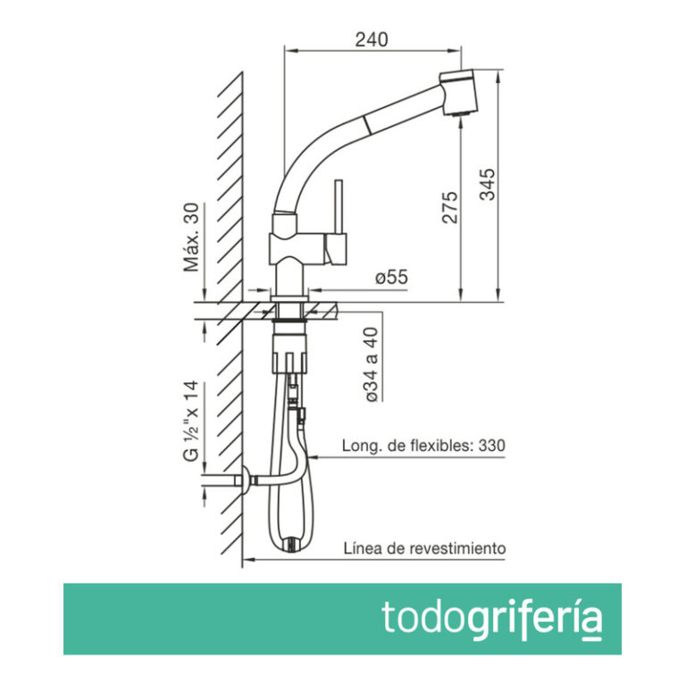 Griferia Fv Temple Monocomand Cocina Mesada Ducha Ext 412/87 - Imagen 4