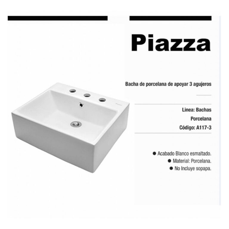 Bacha De Apoyo Piazza 45 X 40 X 15 Cm Bano Lavatorio A117/3 Apoyar Loza Blanca Garantia - Imagen 3