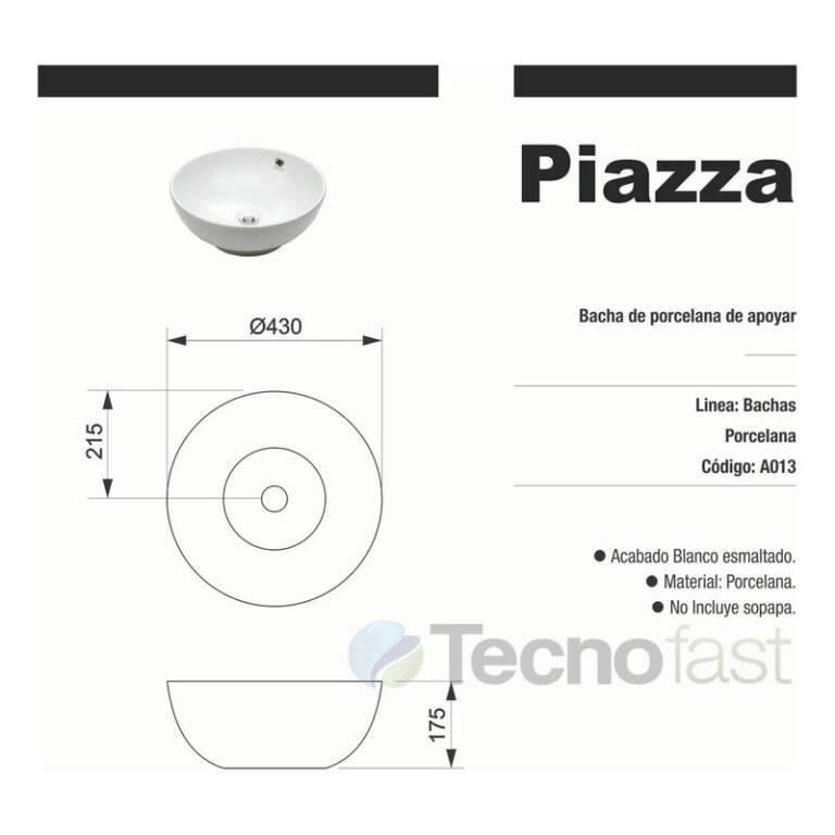 Bacha Apoyo Piazza A013 Redonda 42 X 42 X 17 Cm - Imagen 2