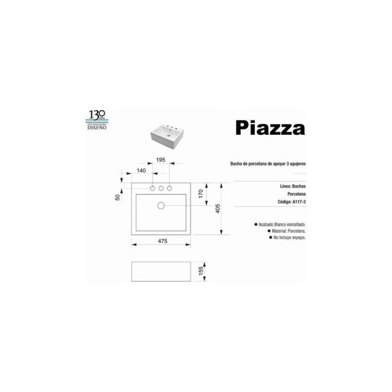Bacha De Apoyo Piazza 45 X 40 X 15 Cm Bano Lavatorio A117/3 Apoyar Loza Blanca Garantia - Imagen 4