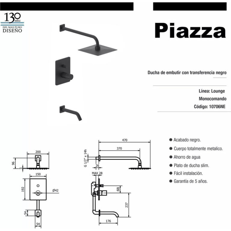 Griferia Piazza Lounge Negro Monocomando Ducha Embutir C/t - Imagen 2