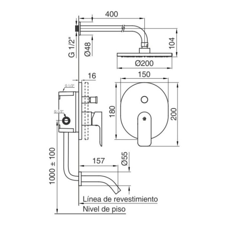 Grifería Fv Coty Ducha Embutir Transferencia Monocom 0106/d9 - Imagen 2