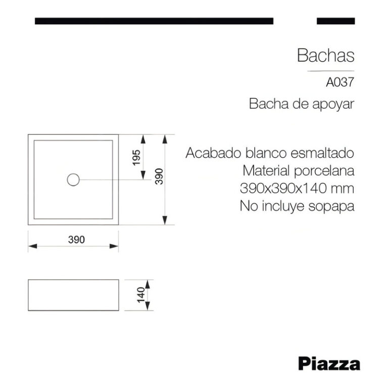 Bacha Piazza Apoyo Cuadrada Blanca A037 - Imagen 3