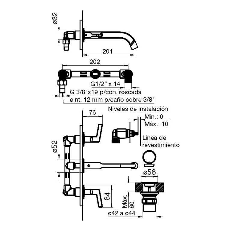 Griferia Fv Arrayan Lavatorio Pared Cromo 0203/h6 - Imagen 2