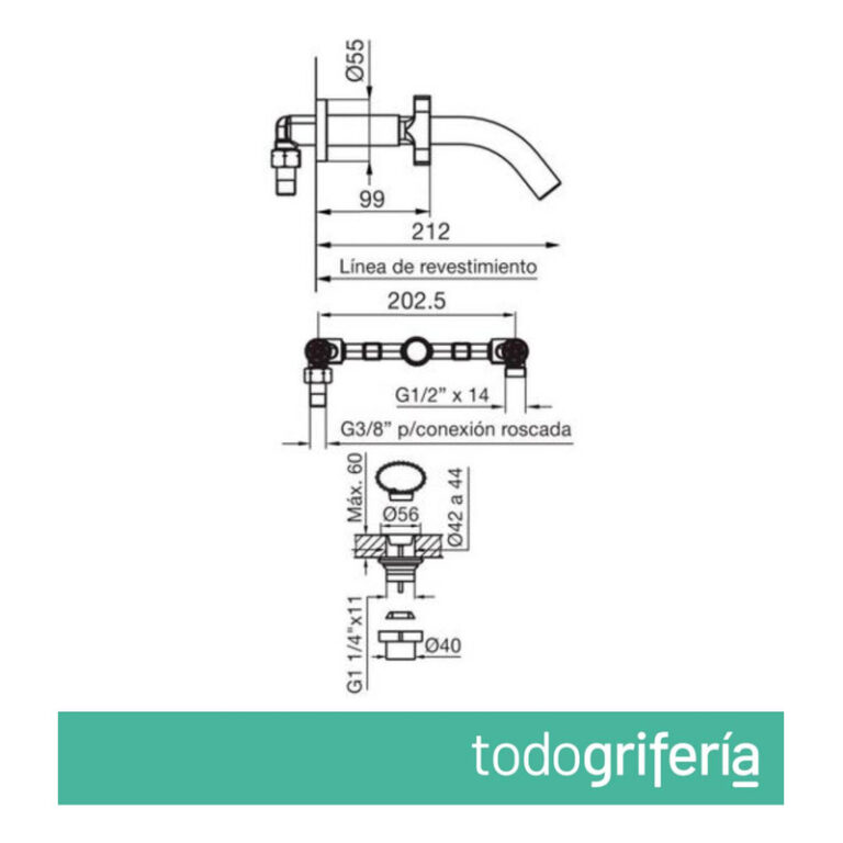 Griferia Fv Triades Lavatorio Pared 203/c3 Cromo Bano - Imagen 3