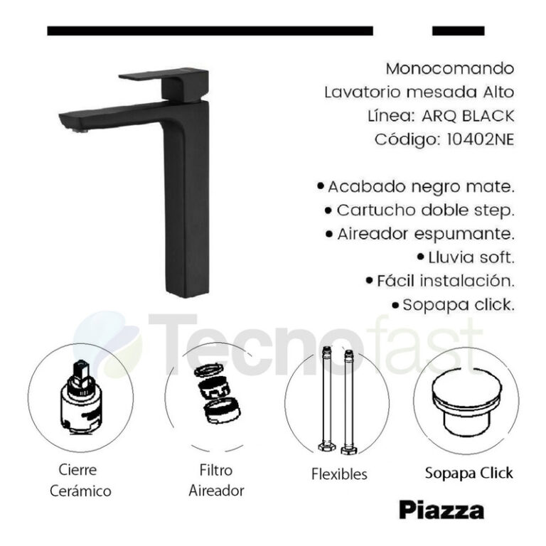 Griferia Piazza Arq Monocomando Lavatorio Alto Negro 10402ne - Imagen 2