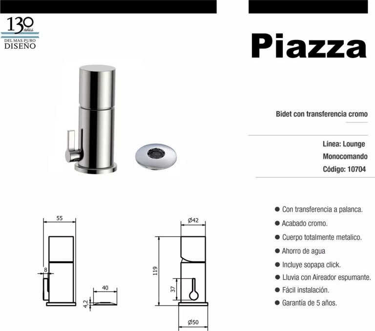 Griferia Piazza Lounge Monocomando Cromo Bidet - Imagen 2