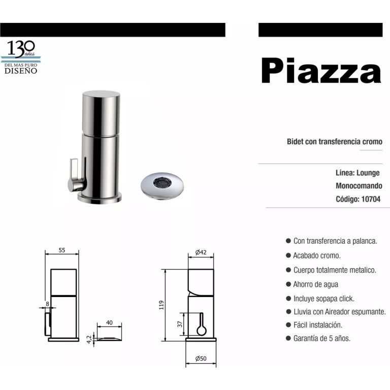 Griferia Piazza Lounge Monocomando Cromo Bidet - Imagen 2