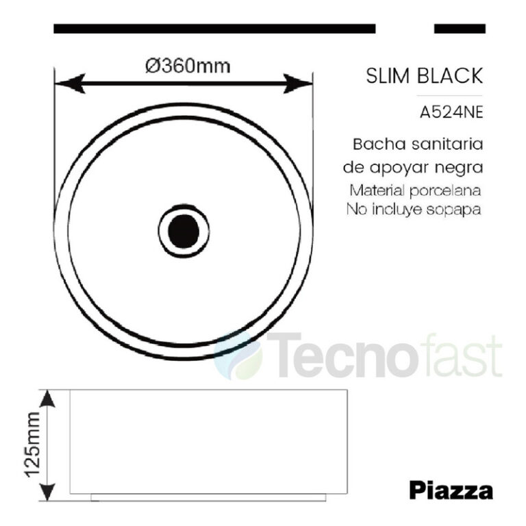 Bacha Piazza A524ne Apoyo Porcelana Baño Negra - Imagen 3