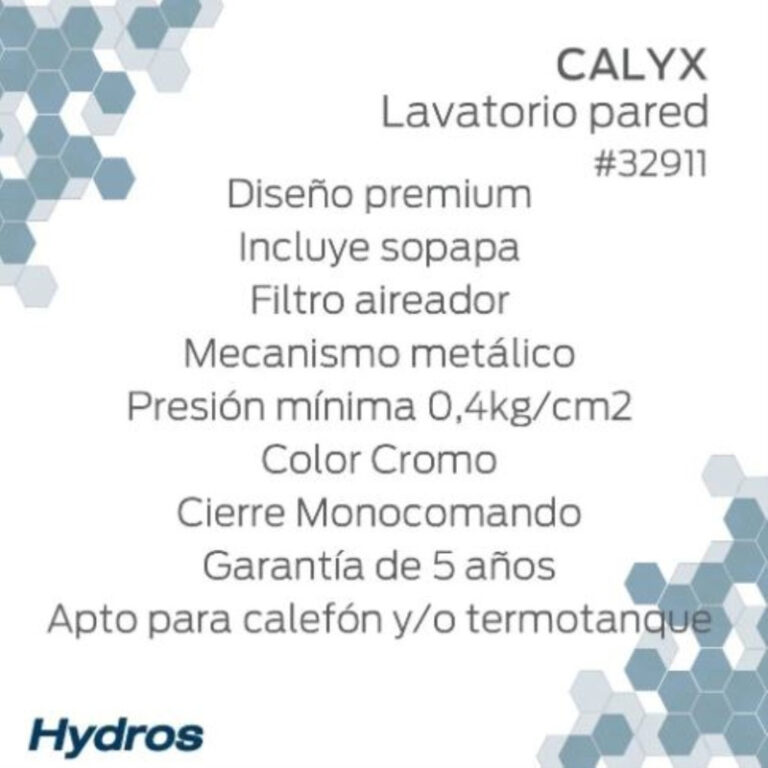 Grifería Hydros Calyx Lavatorio Pared Monocomando Cromo Baño - Imagen 3