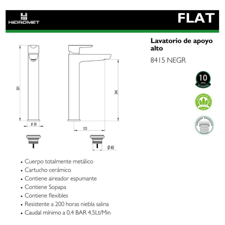 Griferia Hidromet Flat Lavatorio Alto Negra Black 8415negr - Imagen 2