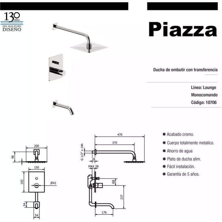 Griferia Piazza Lounge Cromo Monocomando Ducha Embutir C/t - Imagen 2