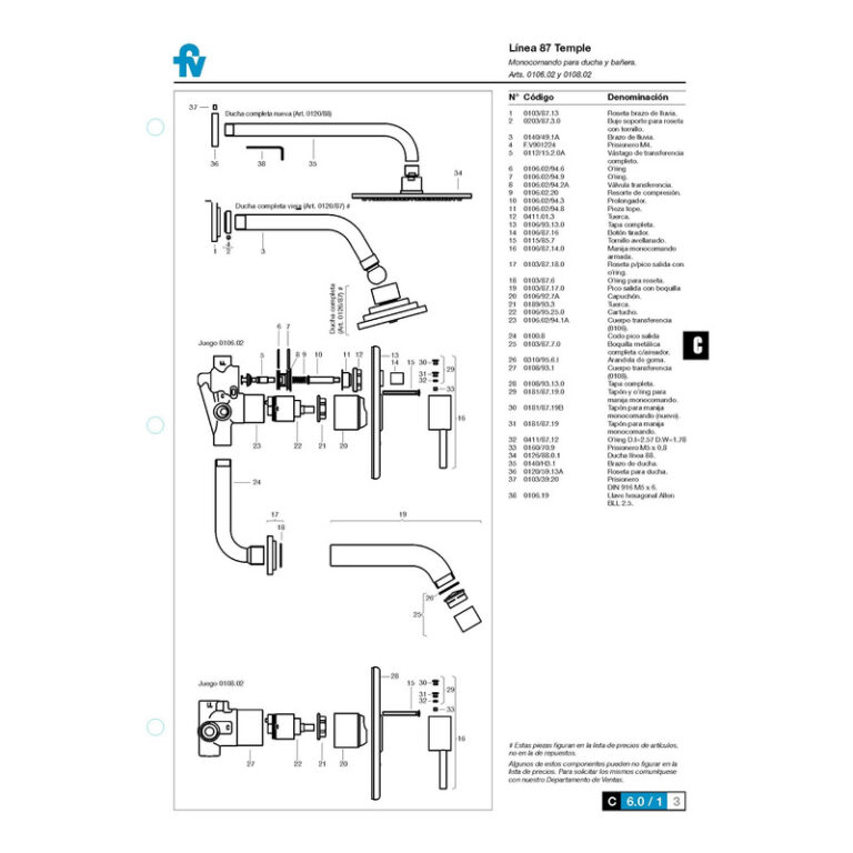 Griferia Fv Temple Ducha Embutir Monocomando 0106.02/87 - Imagen 3