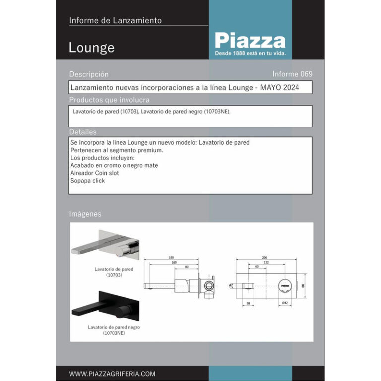 Griferia Piazza Lounge Cromo Lavatorio Pared Monocomando - Imagen 2