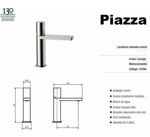 Grifería Piazza Lounge Monocomando Cromo Lavatorio Bajo - Imagen 2