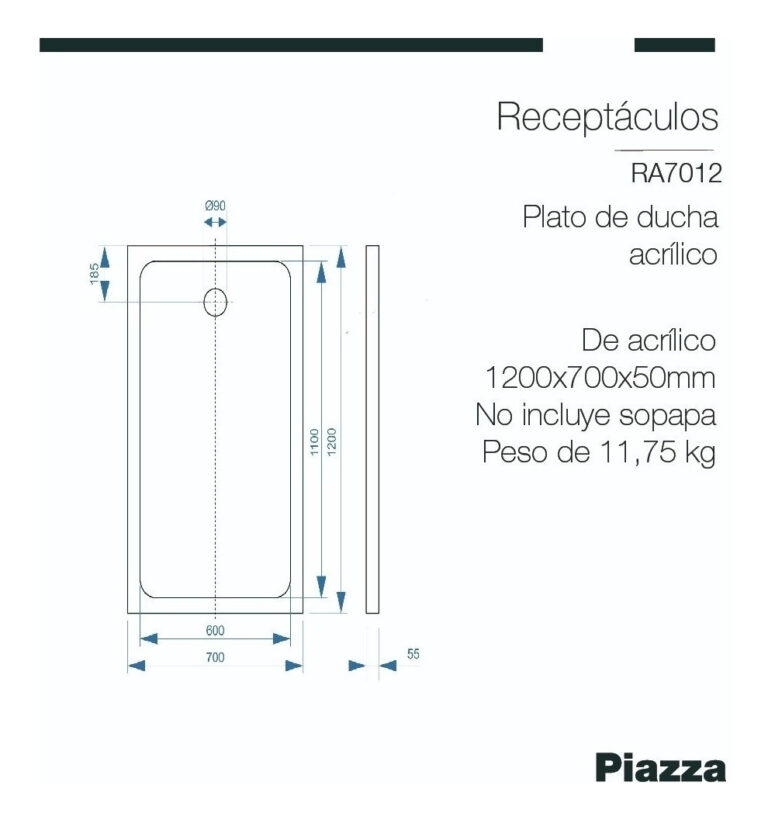 Plato Ducha Recetaculo Piazza Plato 120 X 70 Acrilico Color Blanco Acabado Liso - Imagen 2