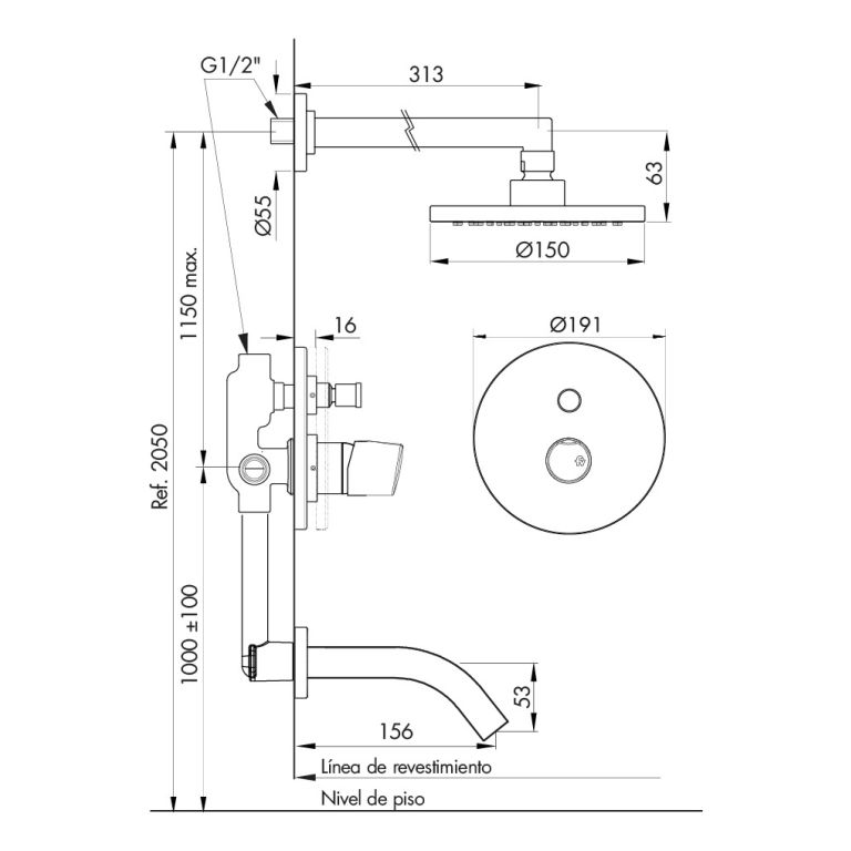 Griferia Fv Cilindra Ducha Embutir C/t Negro 0106/m5-ng - Imagen 2