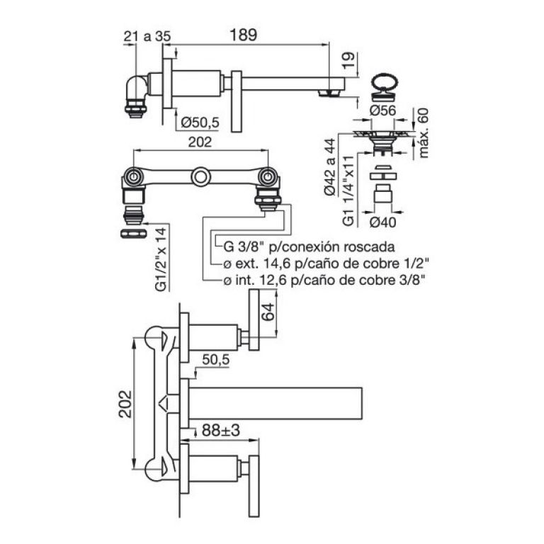 Griferia Fv Dominic Lever Lavatorio Pared 203/85l - Imagen 2