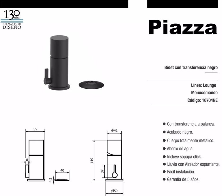 Griferia Piazza Lounge Monocomando Negro Bidet - Imagen 2