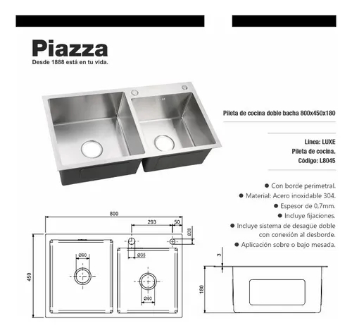 Bacha Cocina Piazza Doble Acero 304 Luxe L8045 80x45x18cm - Imagen 2