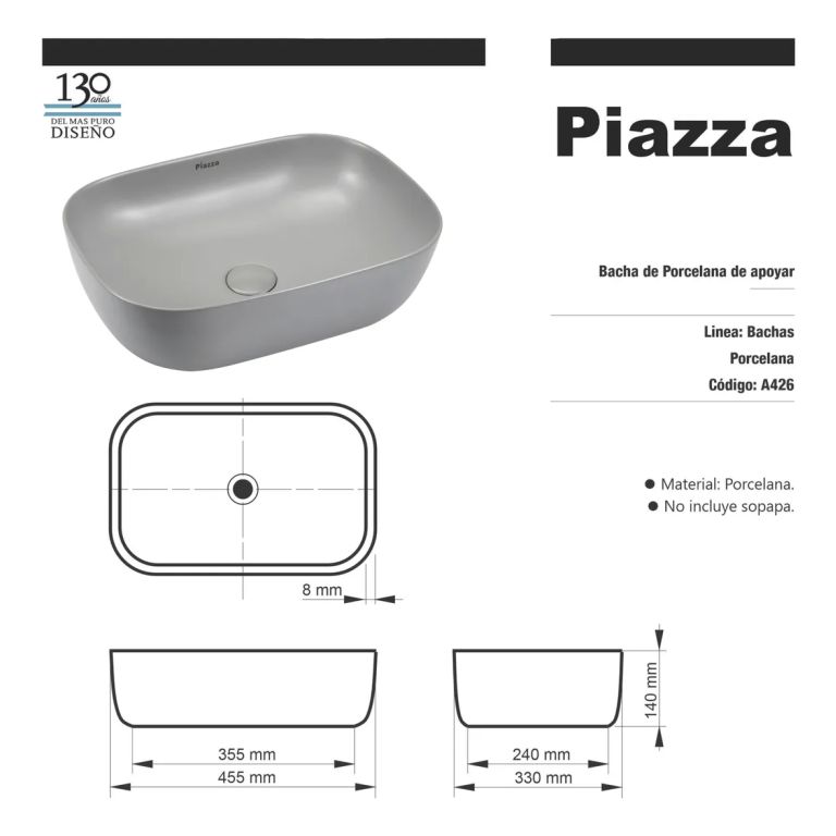 Bacha De Apoyo Piazza Rectangular 45x32x14cm A426 Gris - Imagen 2