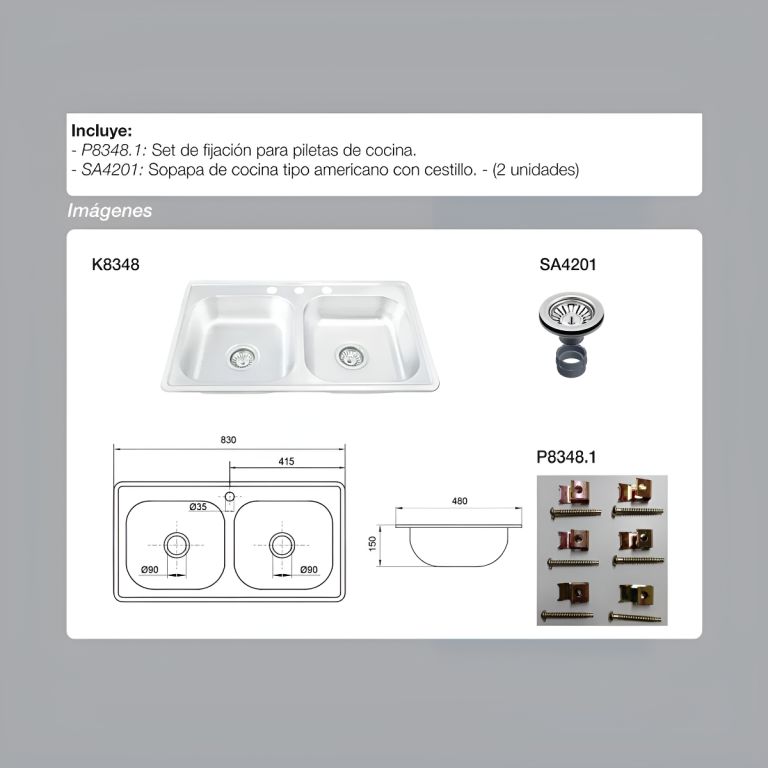 Bacha De Cocina Doble Acero Piazza K8348 83x48x15cm - Imagen 4