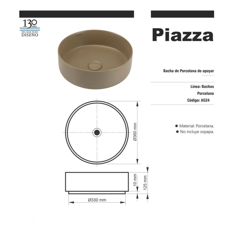 Bacha De Apoyo Piazza Porcelana Redonda A524 Beige - Imagen 2