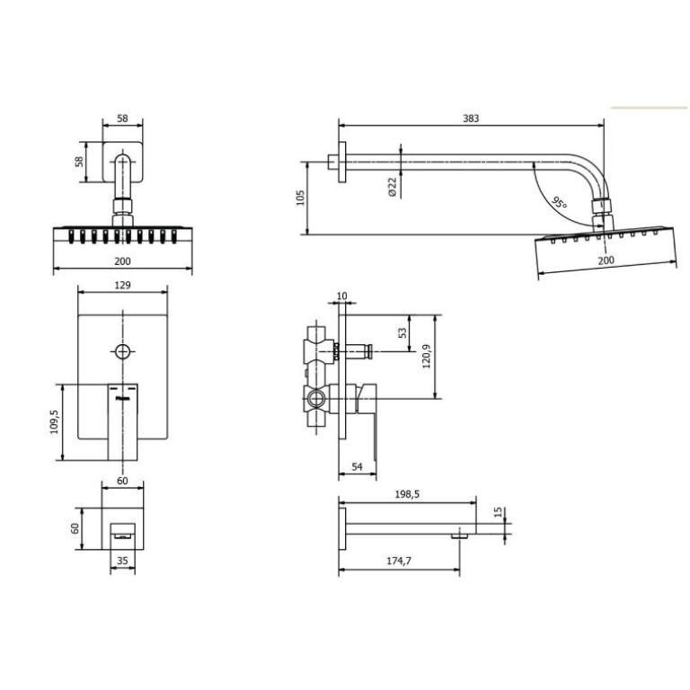 Griferia Ducha de embutir Con Tranferencia Piazza Cube Grafito 11106GF - Imagen 2
