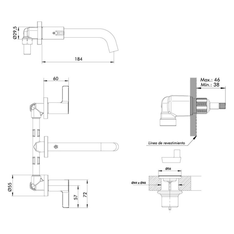 Griferia FV Mauna Brushed Brass Lavatorio de Pared 0203/G8-BB - Imagen 2