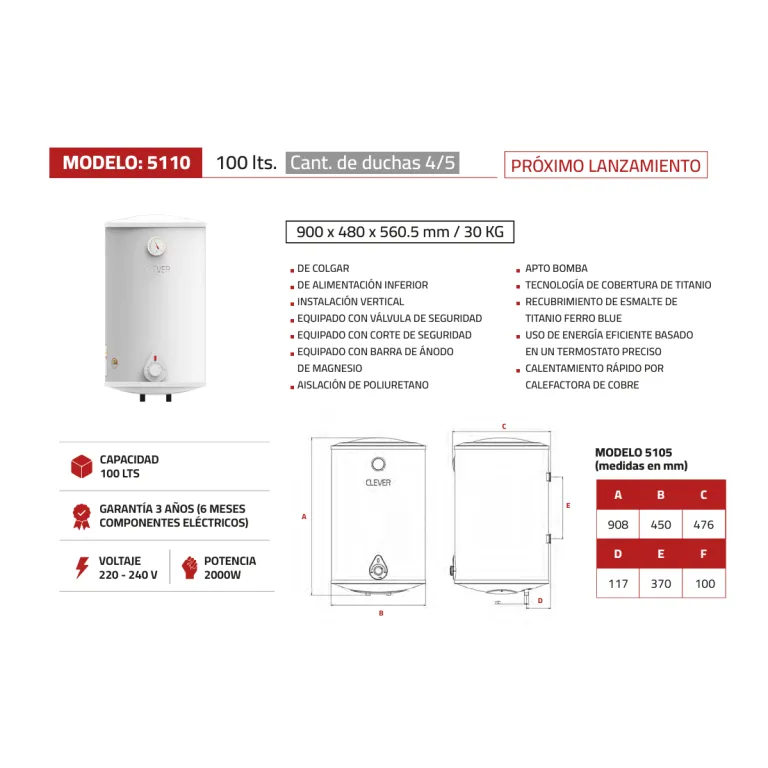 Termotanque Eléctrico 5110 de 100 lts 900 x 480 x 560.5 mm / 30 KG - Imagen 6