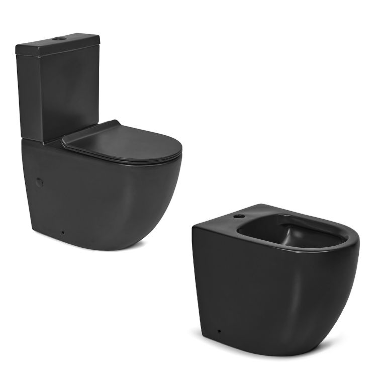 Combo Peirano Stone Negro Inodoro Largo con asiento + Depósito de apoyo + Bidet de 1 agujero