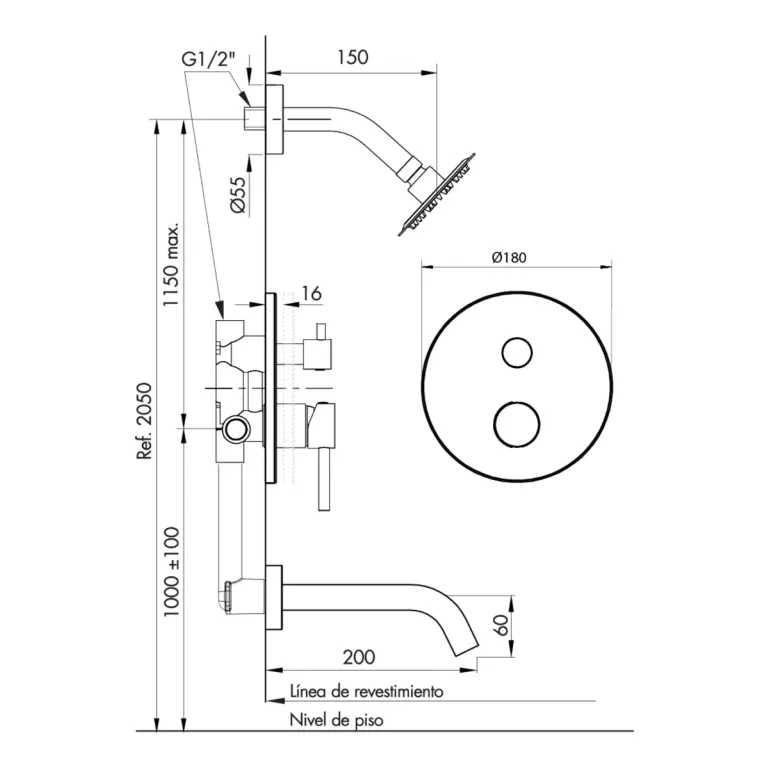 Griferia Fv Inox One Ducha Embutir Con Transferencia Acero Inoxidable 0106/I1-AI - Imagen 2