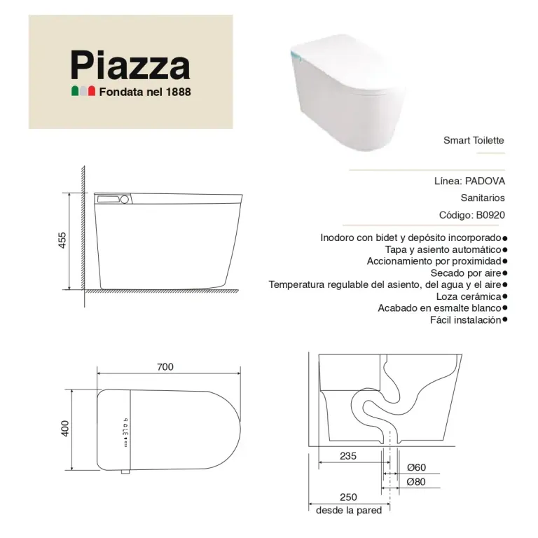 Inodoro Piazza Padova Smart Toilet B0920 - Imagen 7