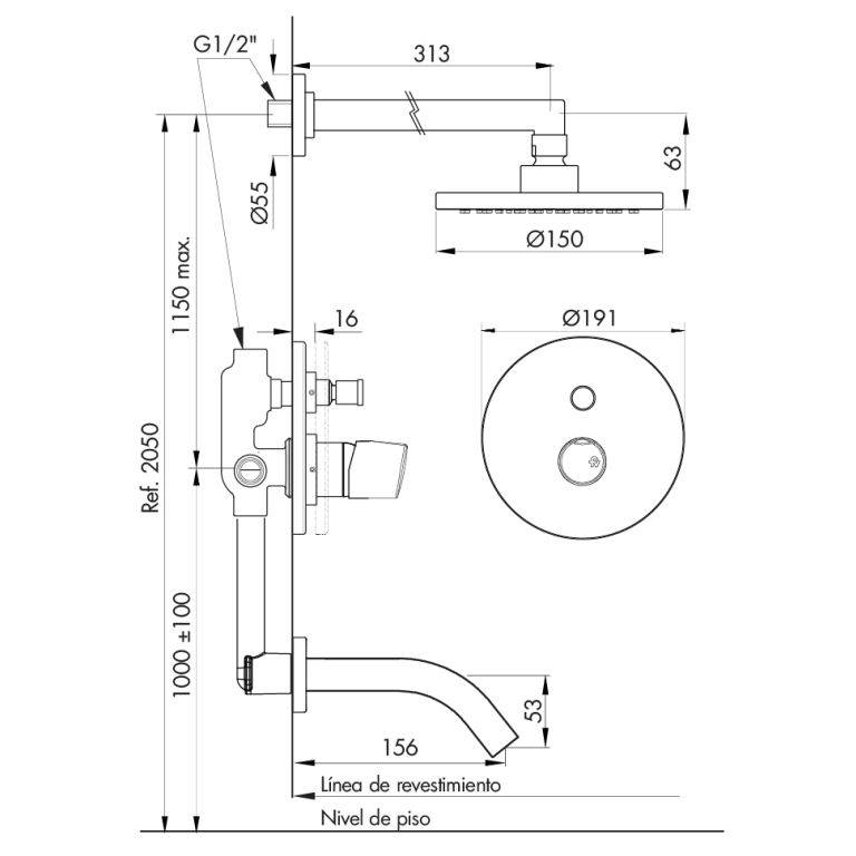 Griferia Fv Cilindra Ducha Embutir Con Transferencia Brushed Brass 0106/M5-BB - Imagen 2